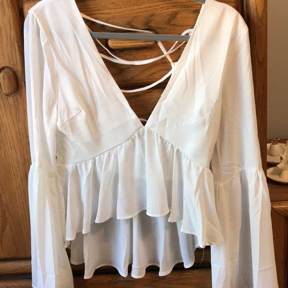 TOBI white top with flair sleeves & lace up back - Picture 1 of 4